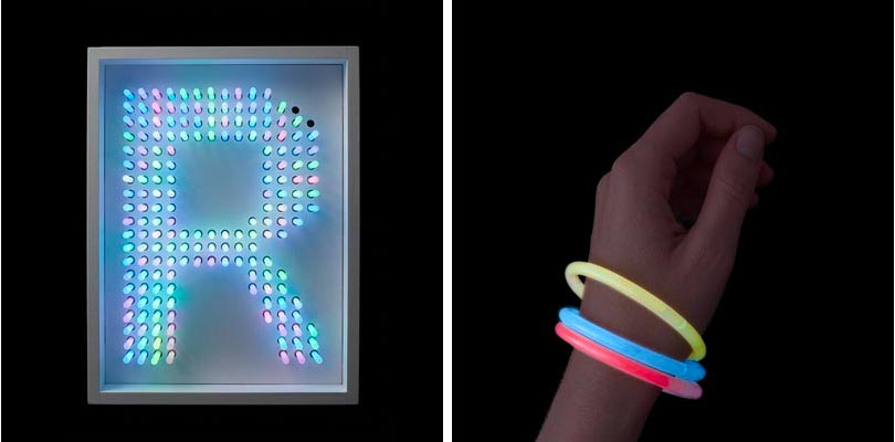 “R” letter from with luminescent tubs and hand with bracelet from Speranza Installation for the Belluard Festival project